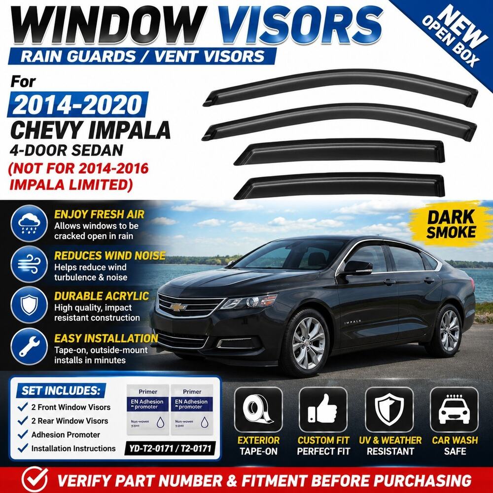 Tape-on Window Visors Sun Rain Guards Vent Shade for 2014-2020 Chevrolet Impala